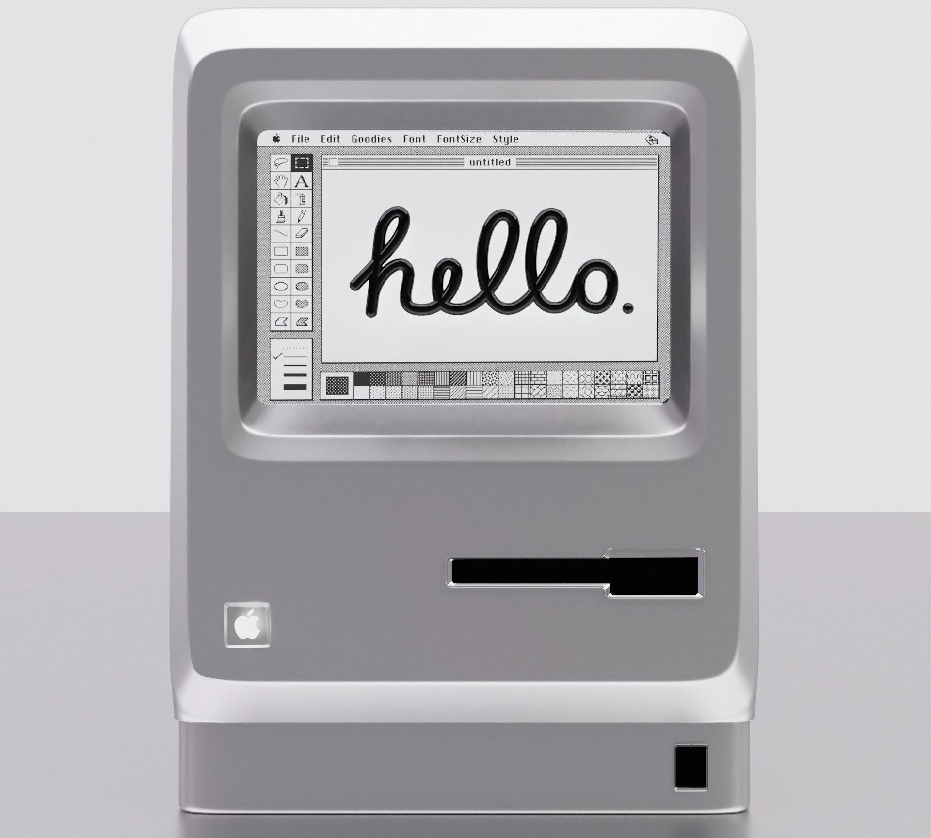 A picture of one of the first mac saying hello