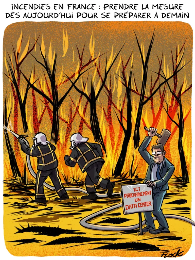 Caricature intitulée « INCENDIES EN FRANCE : PRENDRE LA MESURE DÈS AUJOURD’HUI POUR SE PRÉPARER À DEMAIN ». Elle montre deux pompiers en tenue, luttant contre un violent feu de forêt avec des arbres en flammes en arrière-plan. À droite, un homme en costume et lunettes, tenant une hache au-dessus de sa tête, plante un panneau dans le sol brûlé qui indique : « ICI PROCHAINEMENT UN DATA CENTER ». Le dessin, signé « Flock » en bas à droite, critique ironiquement la priorité donnée aux projets technologiques ou économiques face à l’urgence écologique et climatique.