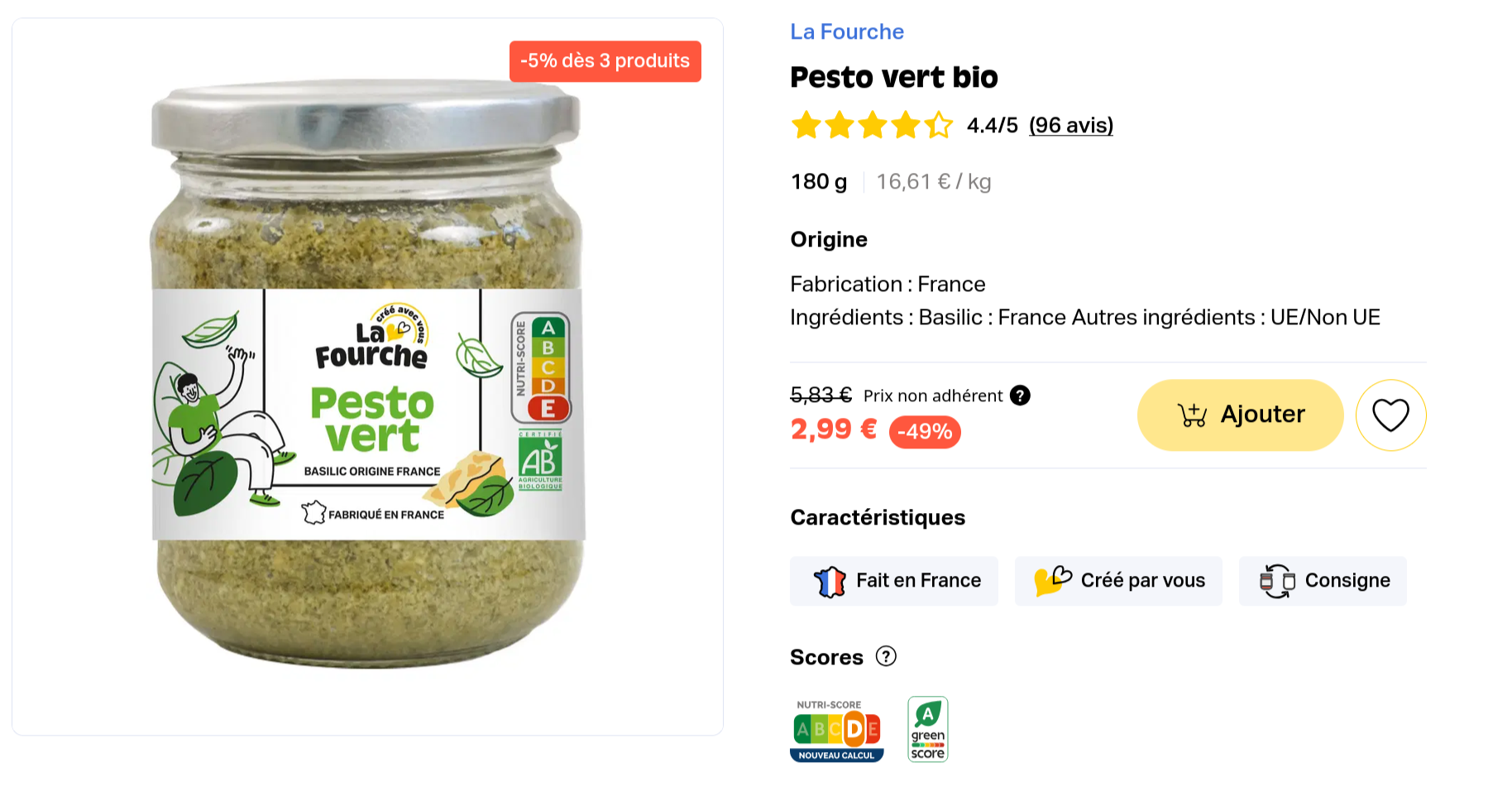 Page produit du Pesto vert bio La Fourche (180g). Le pot affiche une origine France pour le basilic et un prix de 2,99 € pour les adhérents (-49%). Le produit obtient un Nutri-Score D et un Green Score A.