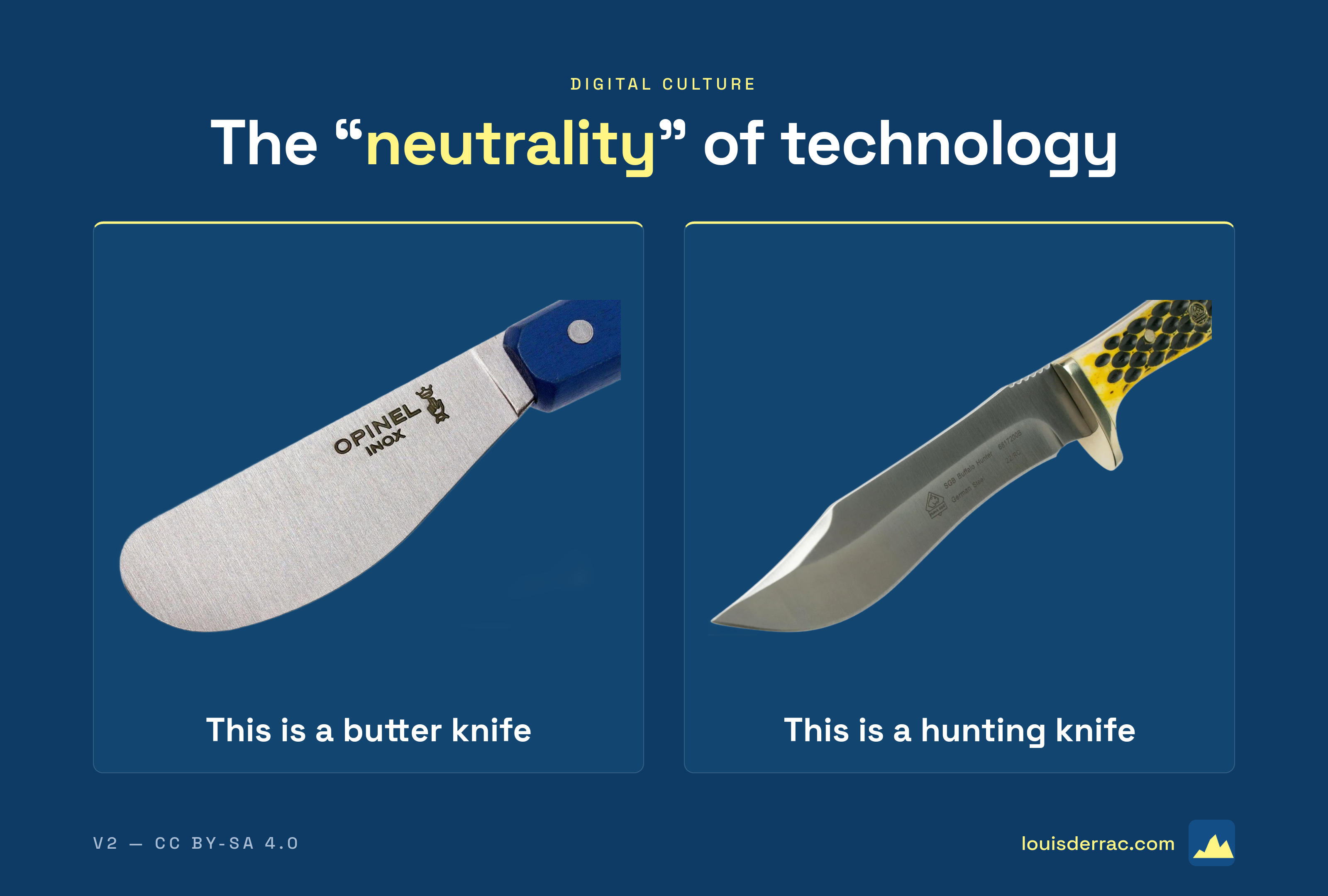 Infographic titled "The 'neutrality' of technology". It compares two knives to illustrate that technology is not neutral. On the left, a round and harmless butter knife. On the right, a sharp and dangerous hunting knife.
