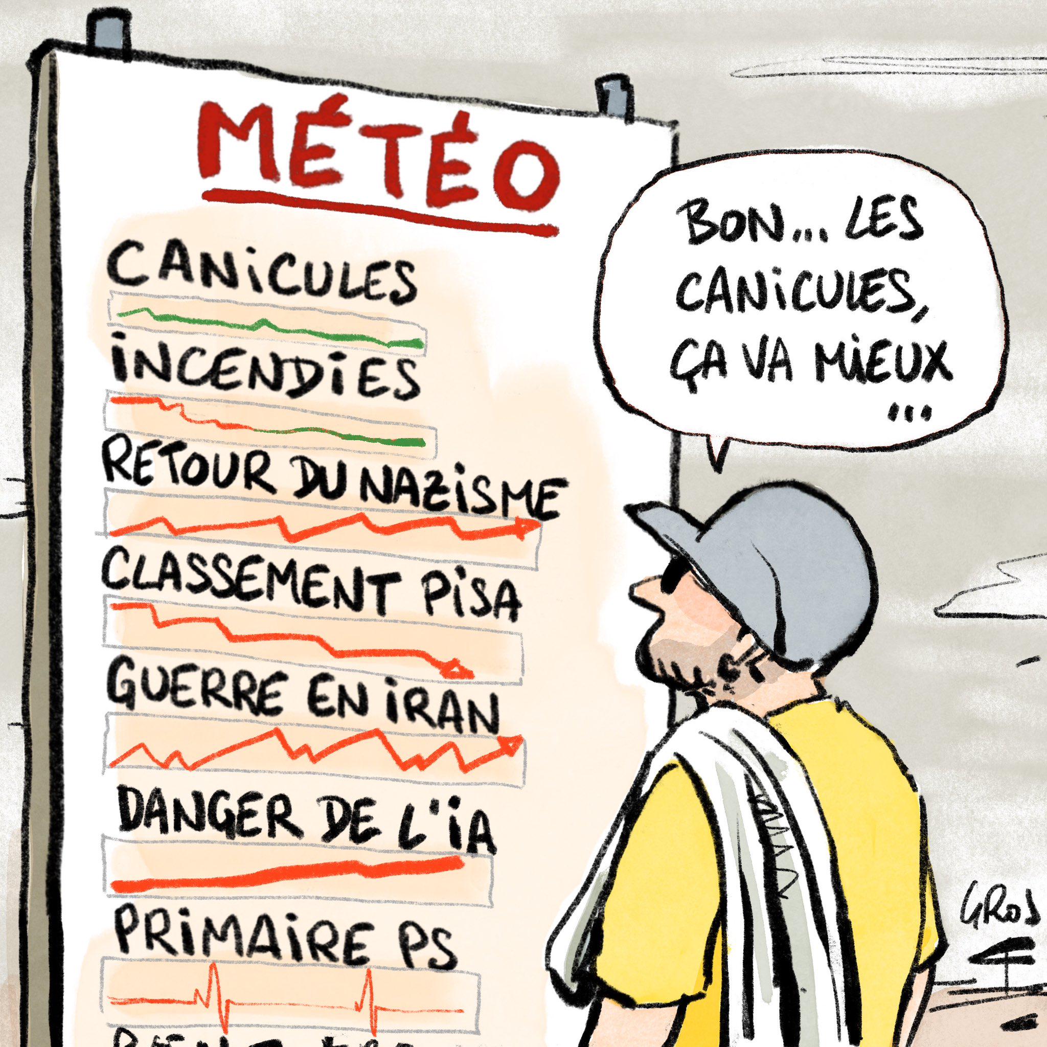 Cette caricature dresse un tableau sombre et satirique de l'actualité, utilisant la métaphore d'un bulletin météo pour illustrer des tendances sociétales et géopolitiques inquiétantes.  Le personnage, semblant résigné, tente de se rassurer en constatant que les « canicules » (vagues de chaleur) vont mieux, un clin d'œil ironique à l'urgence climatique. Cependant, le tableau derrière lui révèle que cette accalmie météorologique est bien isolée. La plupart des autres