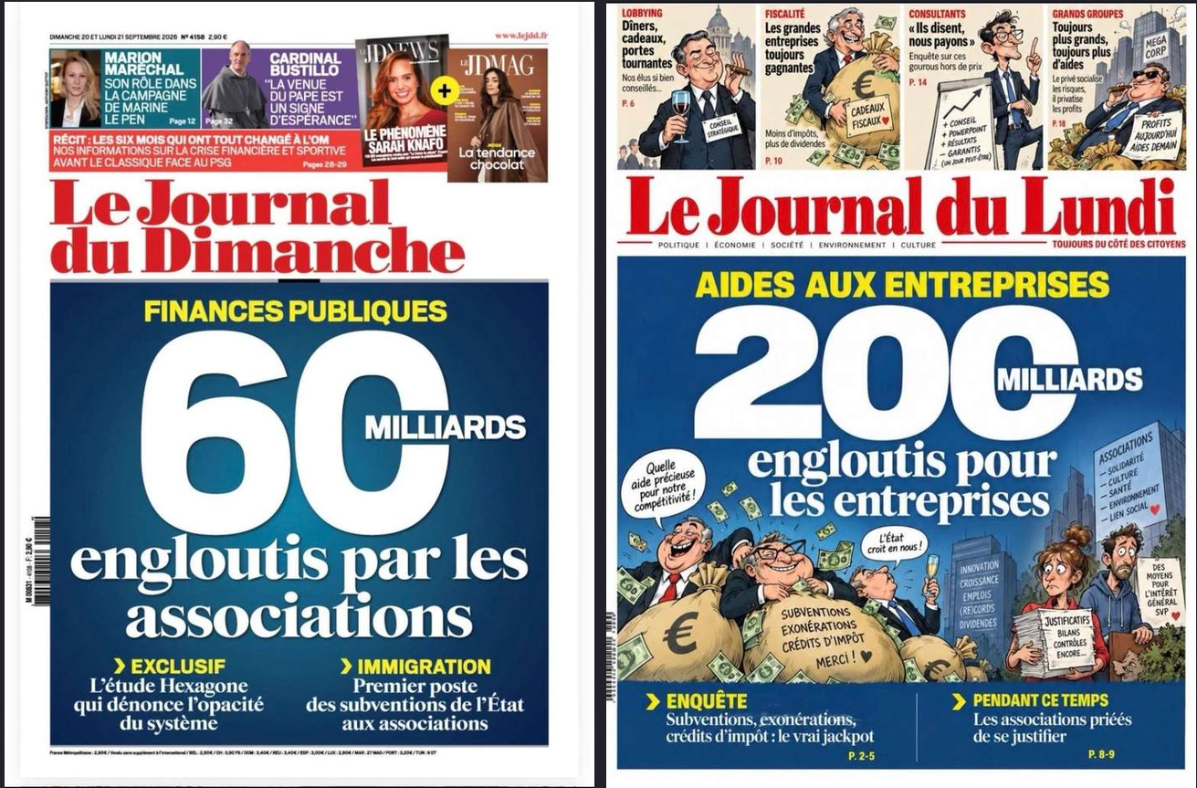 La une du JDD qui étrille les associations, et une une parodique faite en réponse pour parler des 200 milliards engloutis par les entreprises