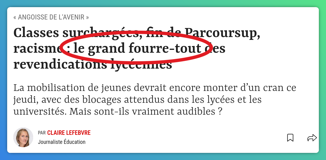 Le point titre "Classes surchargées, fin de Parcoursup, racisme : le grand fourre-tout des revendications lycéennes"